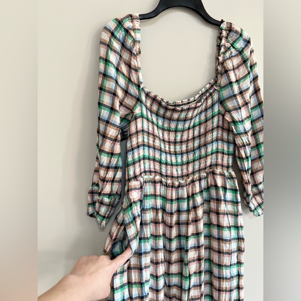 Anthropologie Maeve Cerie Smocked Plaid 3/4 Puff Sleeved Midi Dress, M - Picture 6 of 13